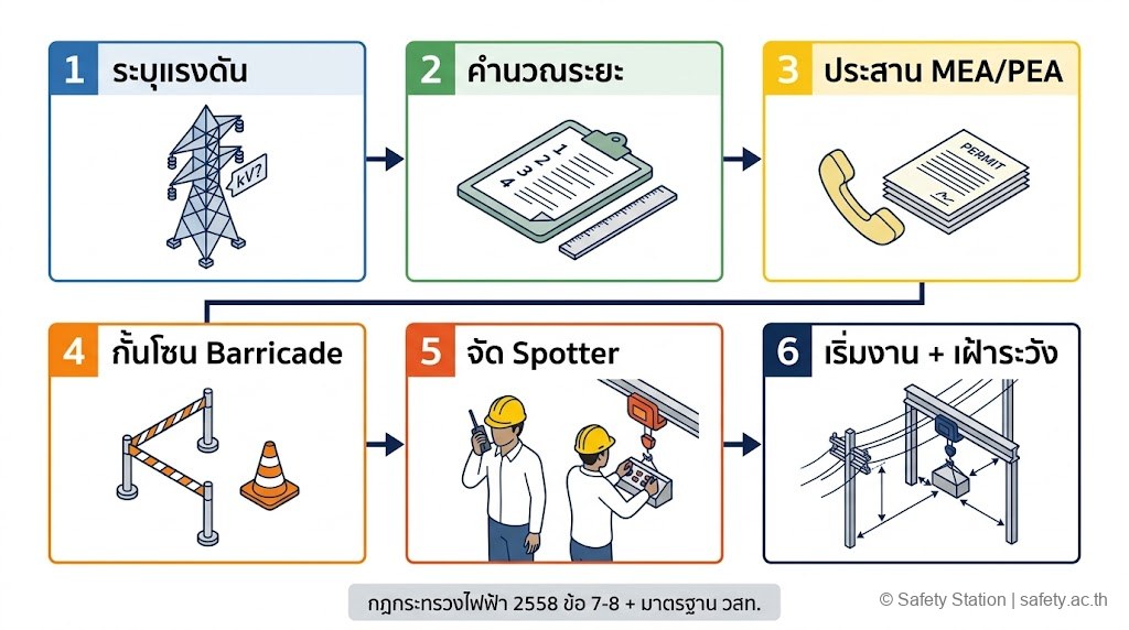 แผนภาพ isometric ขั้นตอน 6 ขั้นก่อนทำงานใกล้สายไฟแรงสูง — ระบุแรงดัน, คำนวณระยะ, ประสาน MEA/PEA, กั้นโซน, จัด Spotter, เริ่มงานเฝ้าระวัง