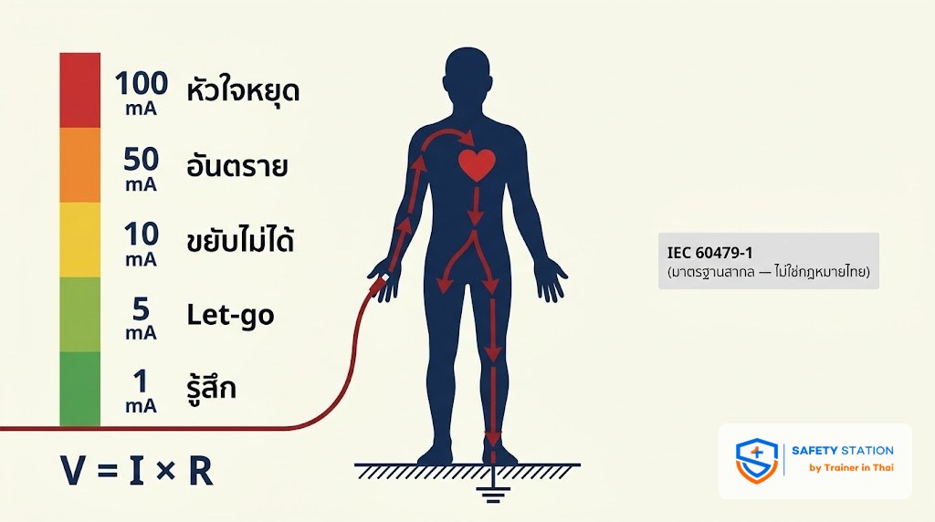 ไฟฟ้าดูดทำลายร่างกายอย่างไร — กระแส 1 mA ถึง 100 mA