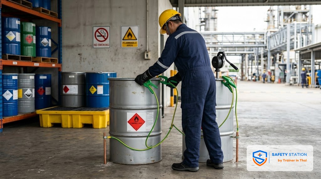 ไฟฟ้าสถิตตอนถ่ายเชื้อเพลิง — Bonding/Grounding ที่ทำแล้วกันไฟไหม้จริง