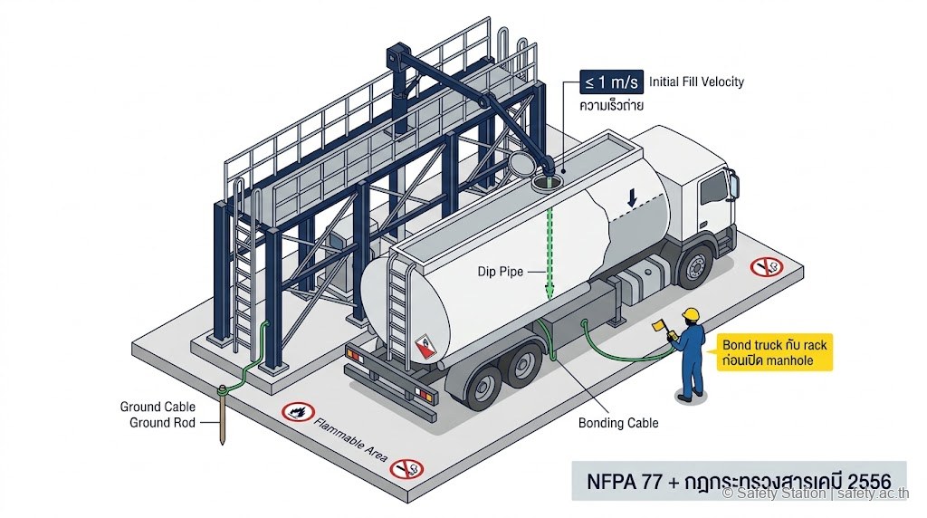 แผนภาพ isometric Tank Truck Loading ที่ loading rack — Bonding cable เชื่อมรถกับ rack, ground rod, dip pipe จุ่มถึงก้นถัง, ความเร็วถ่าย ≤ 1 m/s ตาม NFPA 77