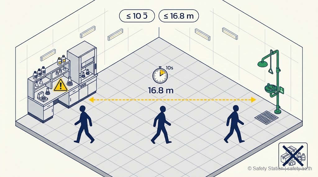 ไอโซเมตริก diagram ระยะ 10 วินาที / 16.8 เมตรจากจุดสัมผัสสารเคมีถึง emergency shower — มีเส้นทางเหลือง dashed คน silhouette เดิน 3 ท่า และ caption เตือนห้ามมีของกีดขวาง