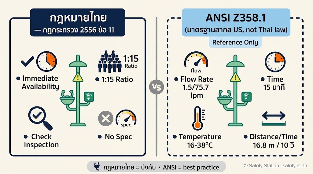 เปรียบเทียบ flat illustration กฎหมายไทย vs ANSI Z358.1 — ฝั่งซ้ายกฎกระทรวง 2556 ข้อ 11 (ใช้ได้ทันที, 1 ต่อ 15 คน, ตรวจสอบ, ไม่มี spec) ฝั่งขวา ANSI Reference (flow rate, 15 นาที, อุณหภูมิ, ระยะ 16.8 ม.)