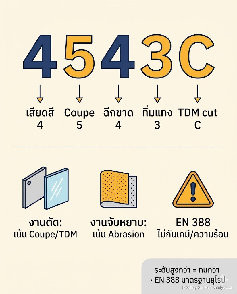 อินโฟกราฟิกอ่านรหัส EN 388 ตัวอย่าง 4543C — เลข 4 เสียดสีระดับ 4, เลข 5 บาด Coupe ระดับ 5, เลข 4 ฉีกขาดระดับ 4, เลข 3 ทิ่มแทงระดับ 3, ตัว C คือ TDM ระดับ C พร้อมคำแนะนำเลือกตามงาน งานตัดกระจกโลหะเน้น Coupe และ TDM สูง งานจับวัสดุหยาบเน้นเสียดสี และเตือนว่า EN 388 ไม่ครอบคลุมสารเคมีหรือความร้อน