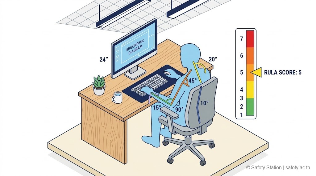 ไอโซเมตริก overview พนักงานออฟฟิศ silhouette นั่ง workstation พร้อม overlay เส้นวัดมุมคอ 20°, ไหล่ 45°, ข้อศอก 90°, ข้อมือ 15°, หลัง 10° และ panel score 1-7 ชี้ที่ 5