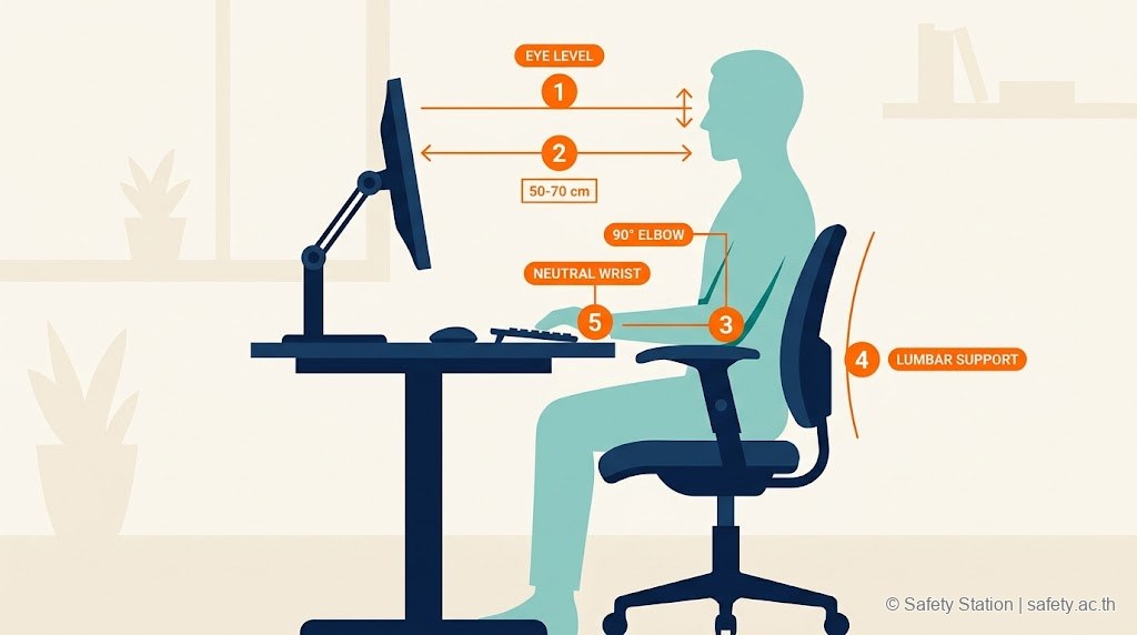 แผนภาพ flat illustration workstation มุมข้างพร้อม 5 จุดเช็ค — 1 ความสูงจอระดับสายตา, 2 ระยะจอ 50-70 ซม., 3 ข้อศอก 90°, 4 หลังตรง lumbar support, 5 ข้อมือตรง neutral wrist