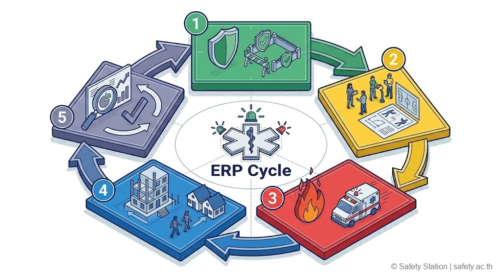 อินโฟกราฟิก isometric 5 เฟส Emergency Management Cycle — Prevention, Preparedness, Response, Recovery, Review/Improvement จัด circular flow