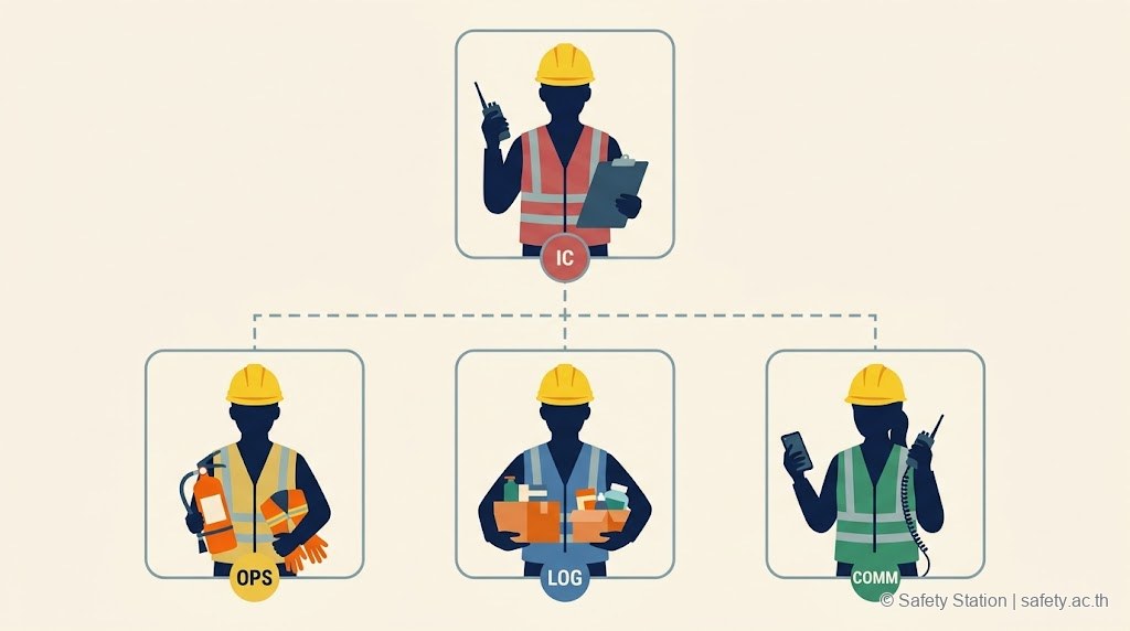 อินโฟกราฟิก org chart ICS 4 บทบาท — Incident Commander (เสื้อกั๊กแดง) ชั้นบน Operations เหลือง / Logistics ฟ้า / Communications เขียว ชั้นล่าง ทุกคนสวมหมวกเหลือง