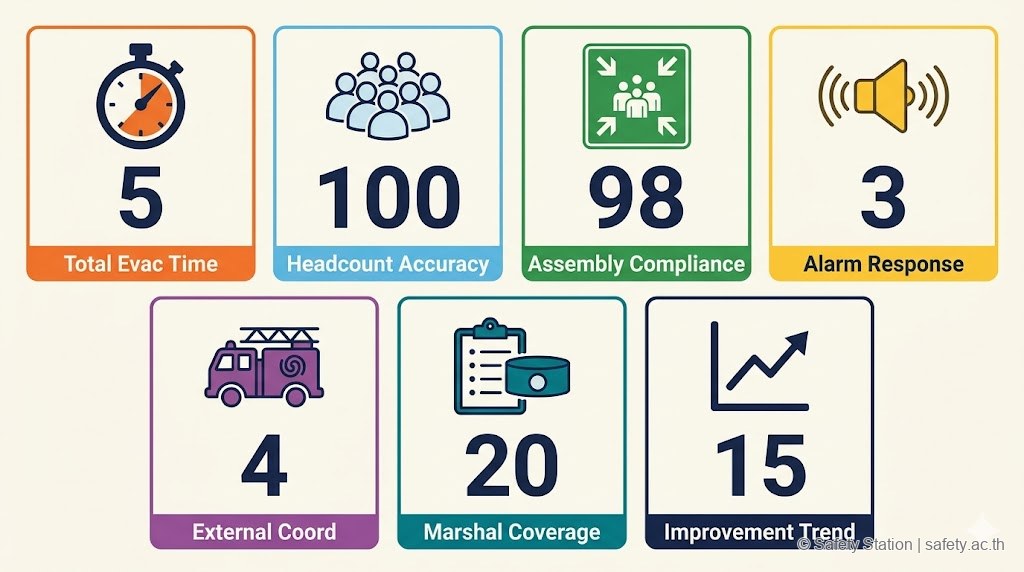 อินโฟกราฟิก dashboard 16:9 แสดง 7 KPI ฝึกซ้อมอพยพ — Total Evac Time ≤5 นาที, Headcount Accuracy, Assembly Compliance, Alarm Response, External Coord, Marshal Coverage, Improvement Trend