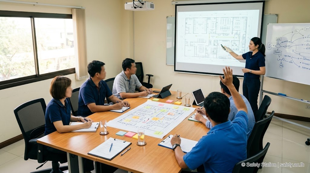 ทีม Safety โรงงานไทย 6-8 คนนั่งล้อมโต๊ะประชุมทำ Tabletop Exercise Q1 มีแผนผังอาคารวางกลางโต๊ะ จป.วิชาชีพชี้ scenario บนจอ projector