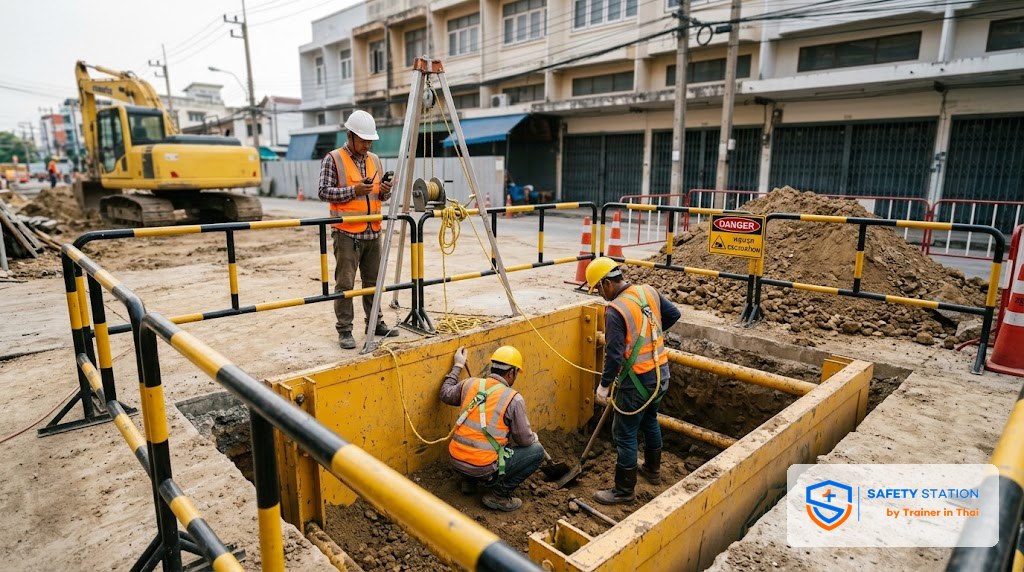 ขุดดินปลอดภัย — Soil Type A/B/C + Shoring vs Sloping vs Shielding