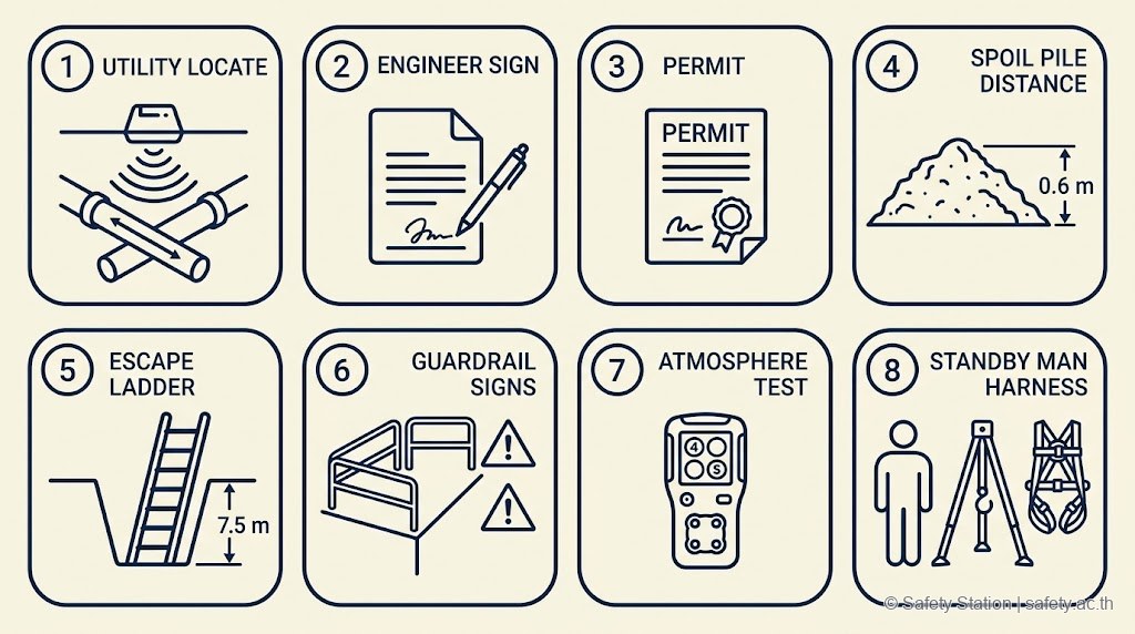 ตารางไอคอน 8 ช่อง Pre-Excavation Checklist — Utility Locate · Engineer Sign · Permit · Spoil Pile Distance 0.6 ม. · Escape Ladder 7.5 ม. · Guardrail กับป้ายเตือน · Atmosphere Test · Standby Man กับ Harness