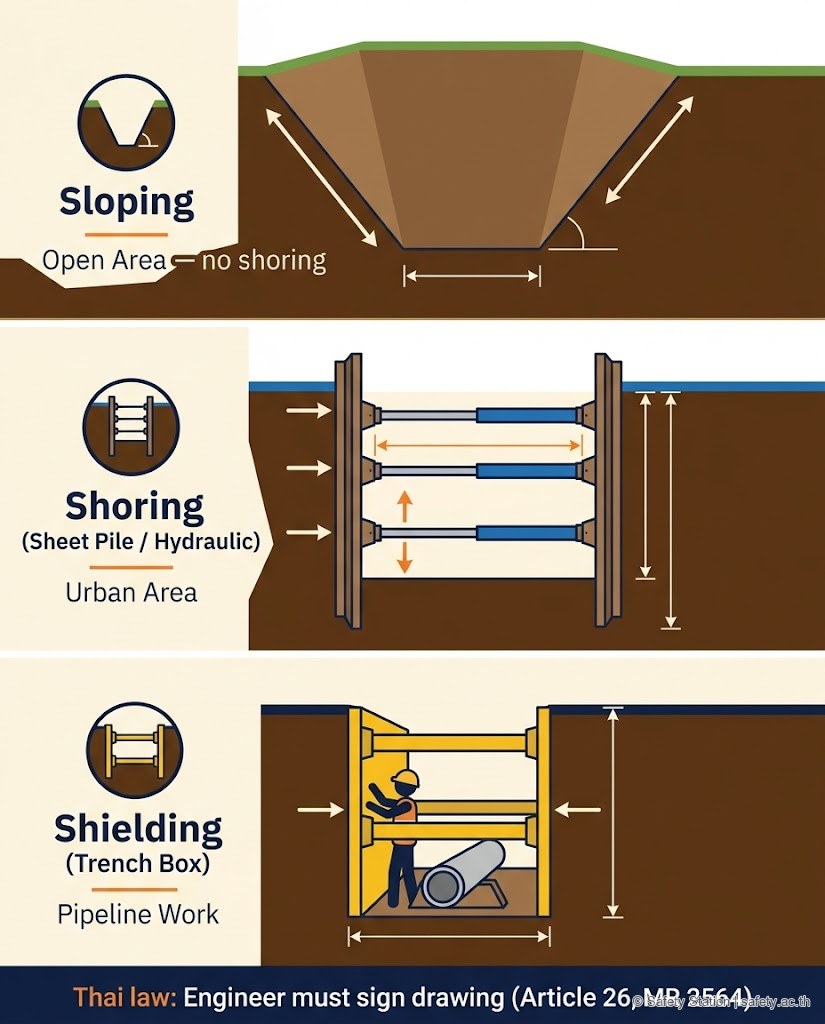 อินโฟกราฟิก cross-section เปรียบเทียบ 3 วิธีป้องกันดินถล่ม — Sloping ลาดเอียงเปิดกว้าง · Shoring sheet pile กับ hydraulic shore · Shielding trench box สีเหลือง สำหรับงานวางท่อ พร้อม note ว่ากฎไทยข้อ 26 บังคับวิศวกรเซ็นแบบ