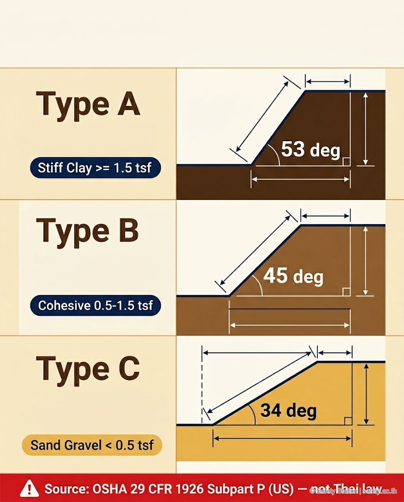 อินโฟกราฟิก cross-section 3 ประเภทดินตาม OSHA สหรัฐ — Type A ดินเหนียวแน่น ลาด 53 องศา · Type B ดินกลาง ลาด 45 องศา · Type C ดินทรายอิ่มน้ำ ลาด 34 องศา พร้อม warning ว่าเป็น OSHA US ไม่ใช่กฎไทย