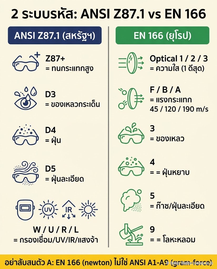 อินโฟกราฟิกเทียบ 2 ระบบรหัสปกป้องตา — ฝั่ง ANSI Z87.1 สหรัฐฯ มี Z87+ ทนกระแทกสูง, D3 ของเหลว, D4 ฝุ่น, D5 ฝุ่นละเอียด, รหัส W U R L กรองแสง vs ฝั่ง EN 166 ยุโรป มี optical class 1 2 3, แรงกระแทก F B A เท่ากับ 45 120 190 เมตรต่อวินาที, รหัส 3 4 5 9 สำหรับของเหลว ฝุ่นหยาบ ก๊าซ และโลหะหลอม พร้อมเตือนอย่าสับสนตัว A ของสองระบบ