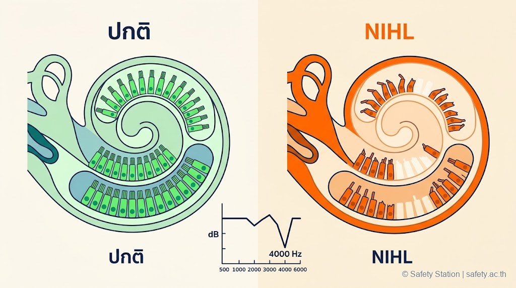 ภาพเปรียบเทียบหูปกติกับหู NIHL — cochlea ฝั่งซ้าย hair cells เรียงเต็มสีเขียวสด ฝั่งขวา hair cells โซน 4000 Hz หักงอและหายไป ด้านล่างมี Audiogram แสดง notch ที่ 4000 Hz