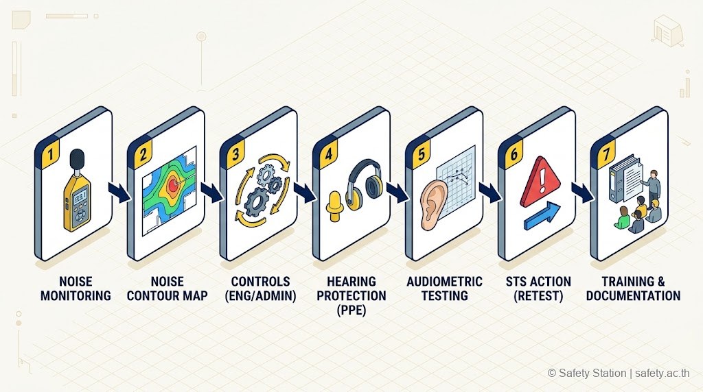 ผัง isometric แสดง Hearing Conservation Program 7 ขั้น — Noise Monitoring · Contour Map · Engineering Control · PPE · Audiometric Testing · STS Action · Training Documentation