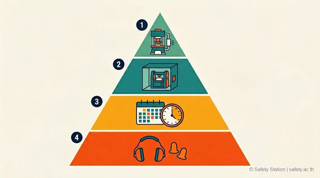 พีระมิด 4 ชั้น Hierarchy of Control สำหรับเสียง — ชั้นบนสุด Engineering ที่ต้นกำเนิด · ชั้น 2 Engineering ทางผ่าน · ชั้น 3 Administrative · ชั้นล่างสุด PPE