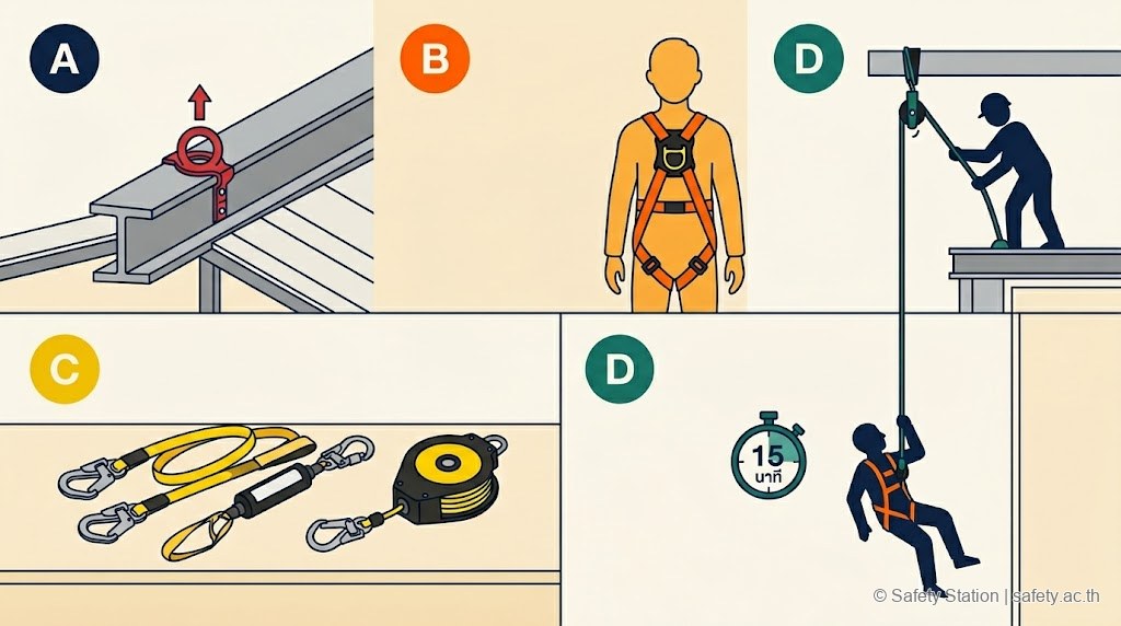 อินโฟกราฟิก flat-style แสดง 4 องค์ประกอบ ABCD ของ Fall Arrest System — A Anchor, B Body Harness, C Connector Lanyard, D Descent Rescue 15 นาที