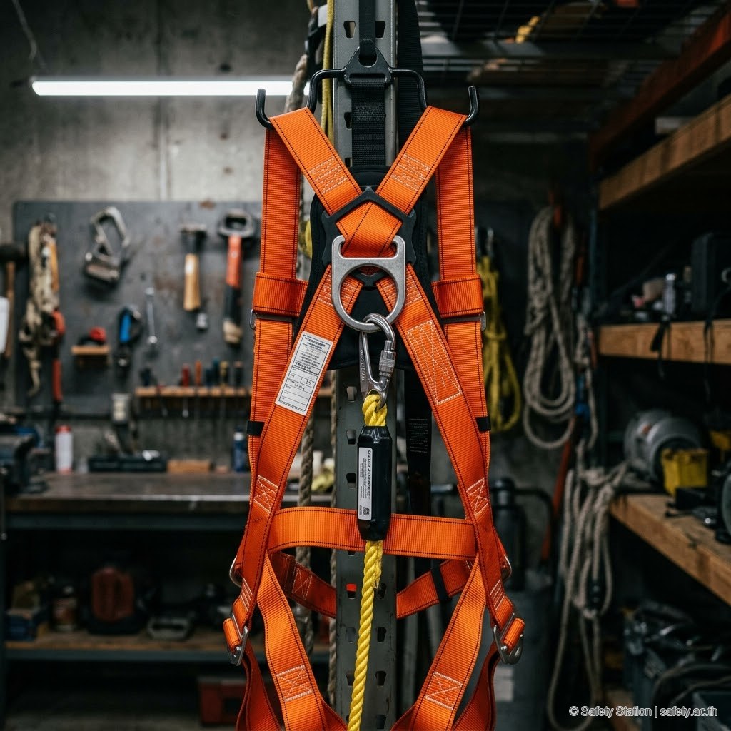 Full-body Harness สีส้มแสดงจากด้านหลัง เน้น D-ring กลางหลังที่เป็น attachment point หลัก พร้อม lanyard และ shock absorber คล้องอยู่