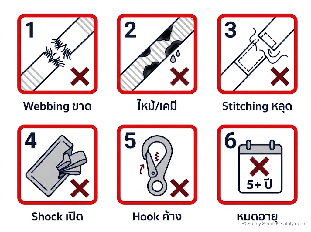 ไอคอน 6 ช่อง — defect ของ harness/lanyard ที่เจอแม้แต่ 1 จุดต้อง tag-out: webbing ขาด, ไหม้/เคมี, stitching หลุด, shock pack เปิดแล้ว, snap hook ค้าง, date tag หมดอายุ