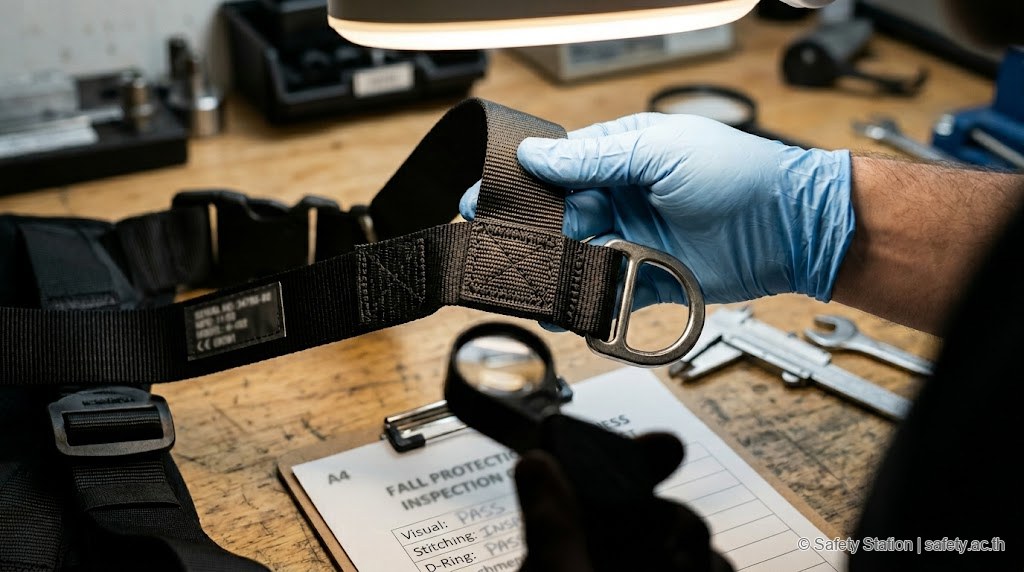 Close-up มือสวมถุงมือ nitrile ตรวจ webbing และ stitching ของ harness ใกล้ D-ring โดยใช้ magnifier บน workbench พร้อม clipboard inspection