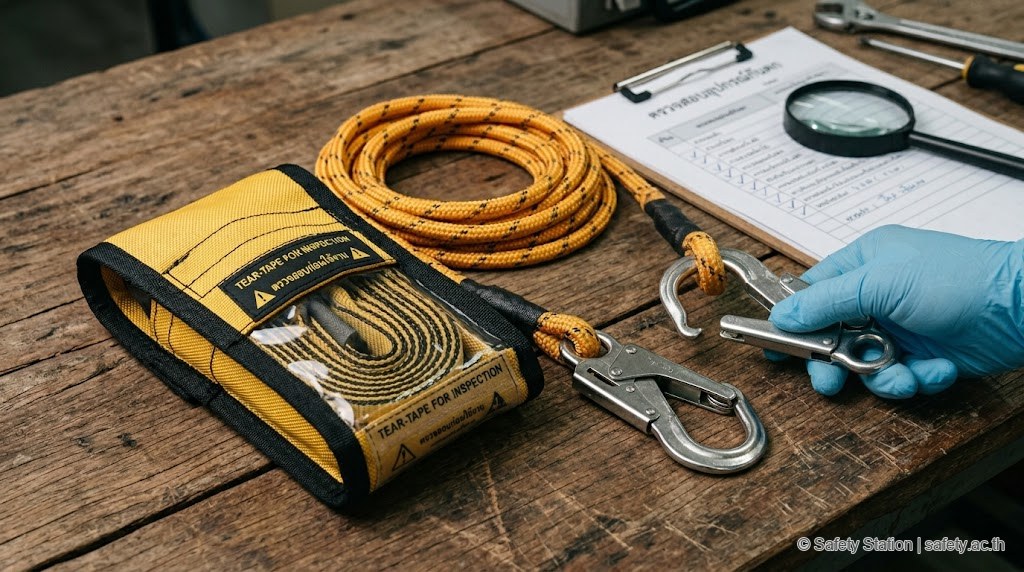 Close-up lanyard with shock absorber สีเหลือง — ยังไม่เปิด (intact) + snap hook สเตนเลส 2 ตัวกำลังถูกทดสอบ gate spring โดยมือสวมถุงมือ nitrile บน workbench
