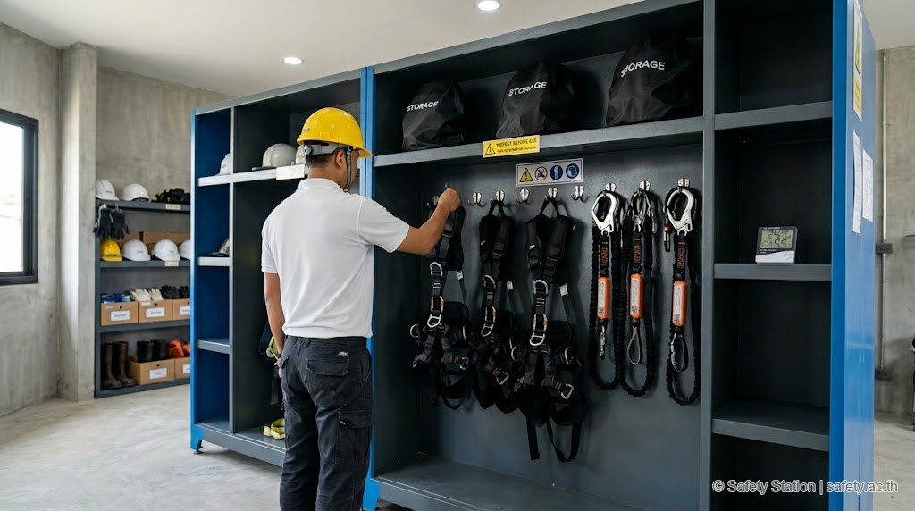ตู้เก็บ PPE — full body harness แขวนเป็นระเบียบบน hook สเตนเลส, lanyard ม้วนเก็บ, dust cover, thermometer แสดงสภาพเหมาะสม (24°C, 55% RH) พร้อมพนักงานสวมหมวกเหลืองเก็บ harness กลับ
