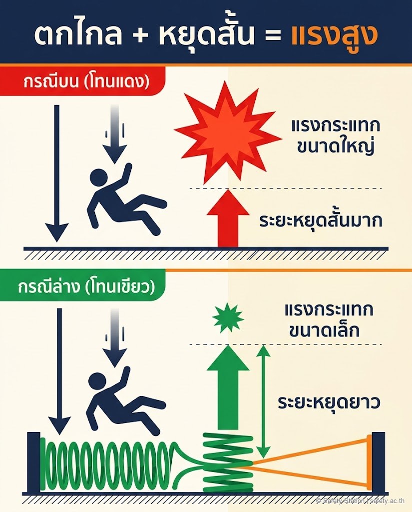 อินโฟกราฟิกเปรียบเทียบหลักฟิสิกส์ของแรงกระชาก กรณีหยุดในระยะสั้นบนพื้นแข็งทำให้แรงสูง เทียบกับกรณีหยุดในระยะยาวที่ยืดได้ทำให้แรงต่ำ