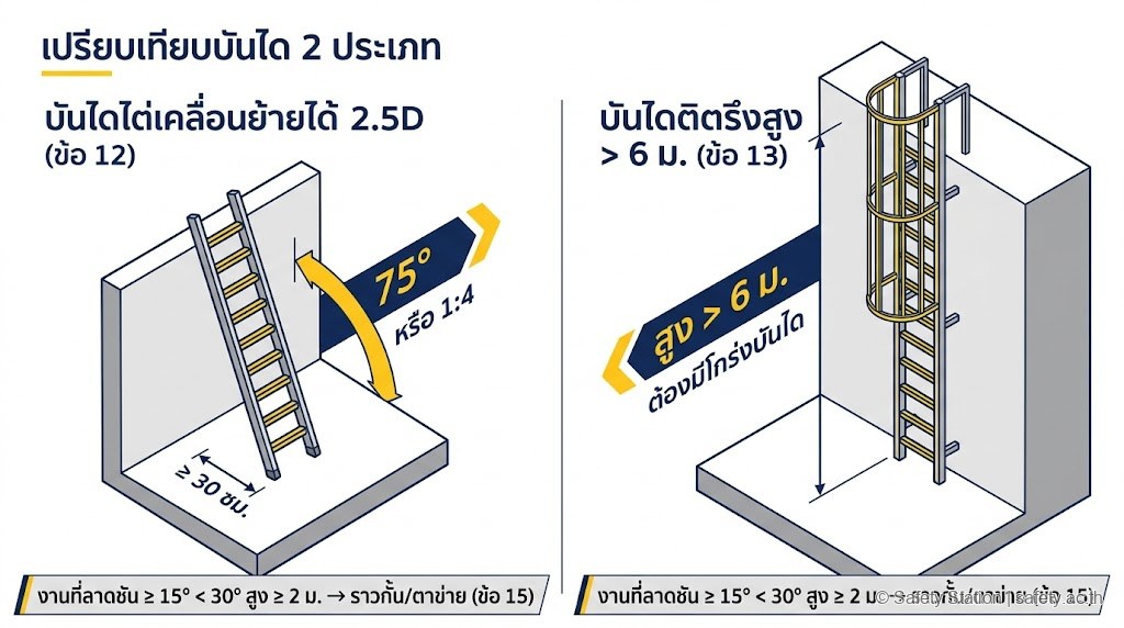 ภาพ isometric diagram เปรียบเทียบบันได 2 ประเภท — บันไดไต่เคลื่อนย้ายมุม 75° หรือ 1:4 กว้าง ≥ 30 ซม. (ข้อ 12) และบันไดติดตรึงสูง > 6 ม. ต้องมีโกร่งบันได (ข้อ 13)