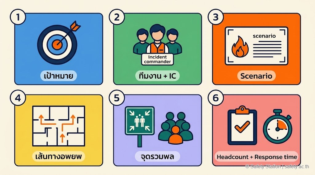 ภาพประกอบ flat 6 องค์ประกอบของแผน Fire Drill — เป้าหมาย, ทีม + IC, scenario, เส้นทางอพยพ, จุดรวมพล, headcount + response time