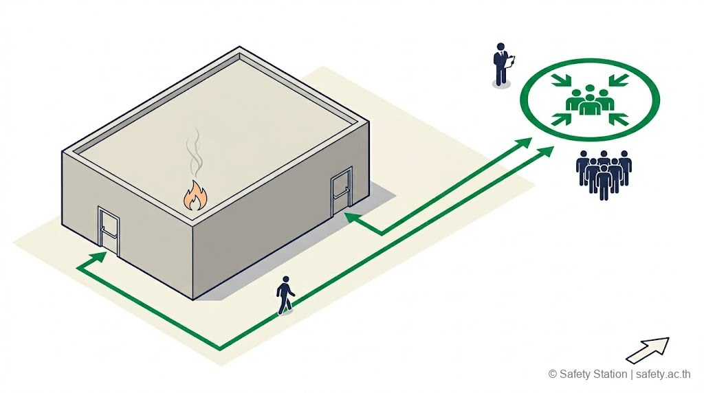 แผนภาพ isometric มุมสูงแสดงอาคารโรงงานและจุดรวมพล — ลูกศรเขียวจาก 2 ประตูฉุกเฉินนำสู่จุดรวมพลที่ห่าง 50 ม. wind-side พร้อม incident commander ทำ headcount