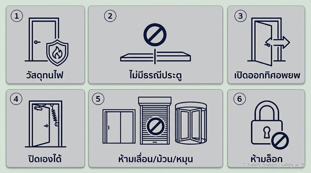 ชุดไอคอน 6 กฎเหล็กประตูหนีไฟตามกฎกระทรวง 2555 ข้อ 8 — วัสดุทนไฟ ไม่มีธรณีประตู เปิดออกทิศอพยพ ปิดเองได้ ห้ามเลื่อน/ม้วน/หมุน ห้ามล็อก