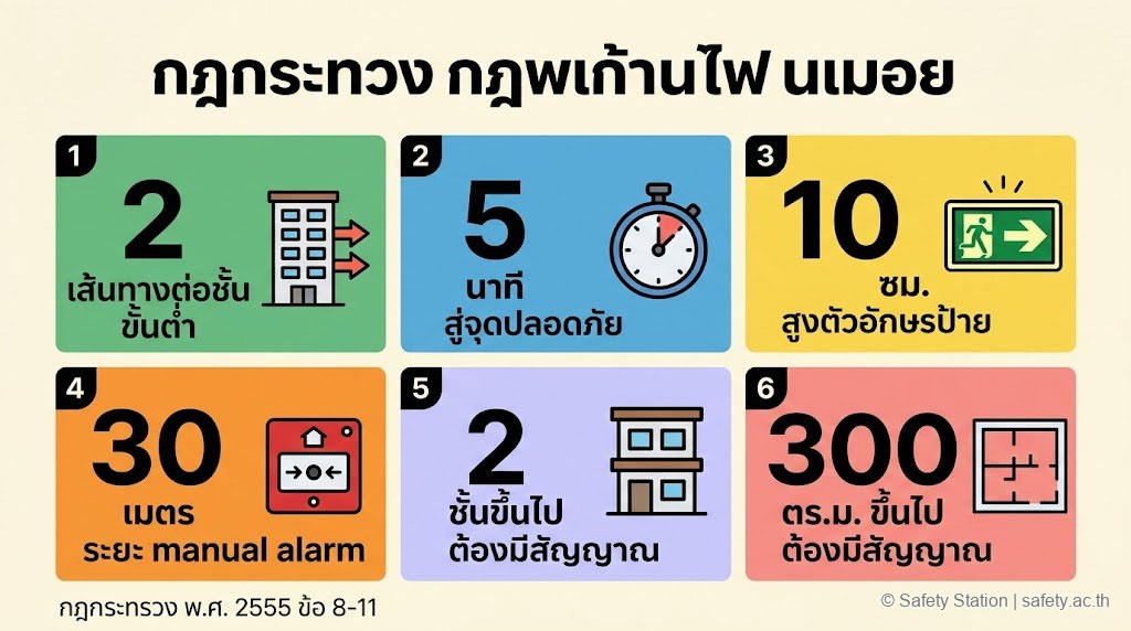 อินโฟกราฟิก 6 ตัวเลขทองของกฎหมายทางหนีไฟตามกฎกระทรวง 2555 — 2 เส้นทาง/ชั้น, 5 นาที, ป้าย 10 ซม., manual alarm 30 ม., อาคาร 2 ชั้น/300 ตร.ม.+ ต้องมีสัญญาณ