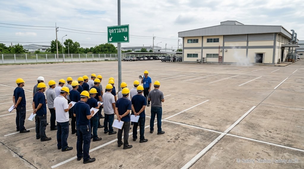 พนักงานโรงงาน 20 คนรวมพลที่จุด assembly point ในลานจอดรถระหว่างฝึกซ้อมอพยพหนีไฟประจำปี หัวหน้าทีมนับหัว มีควันจาง ๆ ลอยออกจากประตูทางหนีไฟ