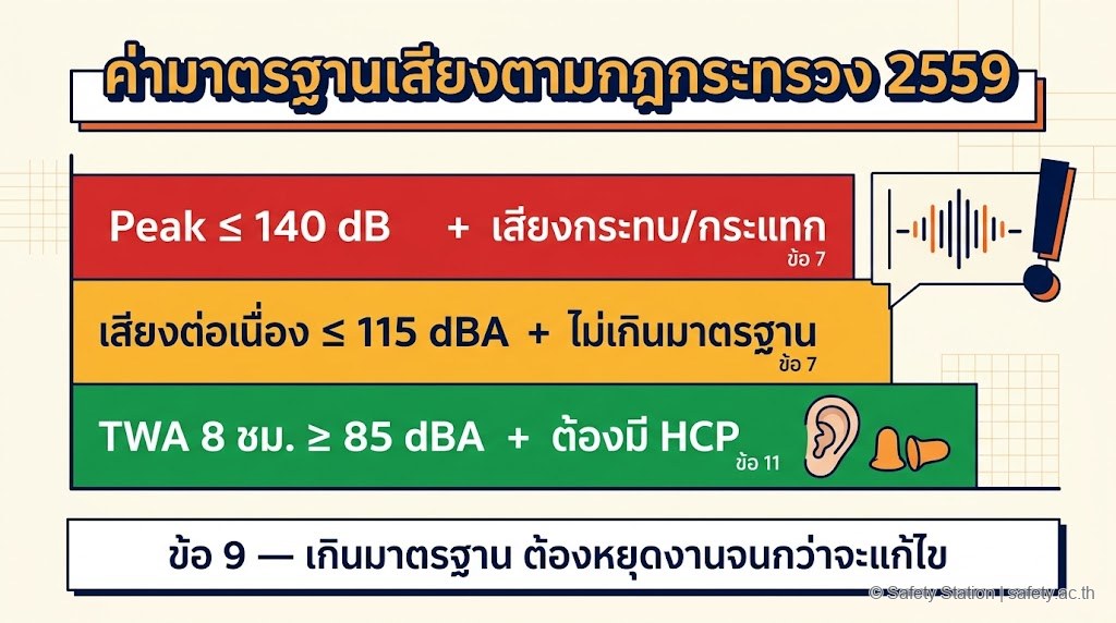 อินโฟกราฟิก 3 บล็อกแสดงเกณฑ์การบังคับใช้กฎกระทรวงอัคคีภัย — ลูกจ้าง 10 คนขึ้นไป (ข้อ 4), อาคาร 2 ชั้นหรือ 300 ตารางเมตร (ข้อ 9), สภาพเสี่ยงปานกลาง/ร้ายแรง (ข้อ 17)