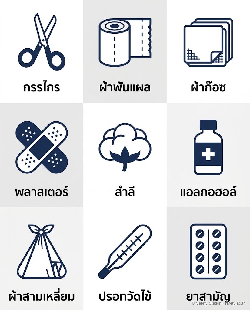 ชุดไอคอนเวชภัณฑ์หลัก 9 รายการในกล่องปฐมพยาบาล — กรรไกร ผ้าพันแผล ผ้าก๊อซ พลาสเตอร์ สำลี แอลกอฮอล์ ผ้าสามเหลี่ยม ปรอทวัดไข้ และยาสามัญ
