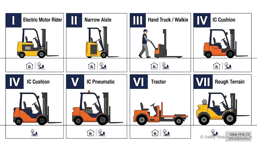 อินโฟกราฟิกเปรียบเทียบรถยก OSHA Class I-VII — Electric Rider, Narrow Aisle, Hand Truck, IC Cushion, IC Pneumatic, Tractor, Rough Terrain