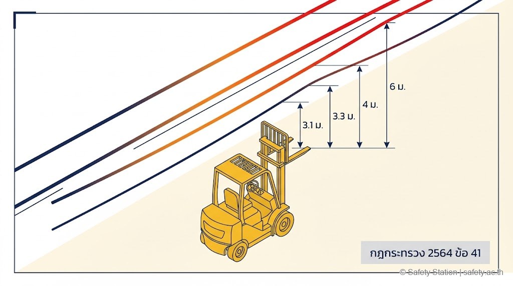 อินโฟกราฟิก isometric ระยะปลอดภัยรถยกใกล้สายไฟฟ้า 4 ระดับแรงดัน — 69 kV 3.1 ม., 69-115 kV 3.3 ม., 115-230 kV 4 ม., 230-500 kV 6 ม. ตามกฎกระทรวง 2564 ข้อ 41