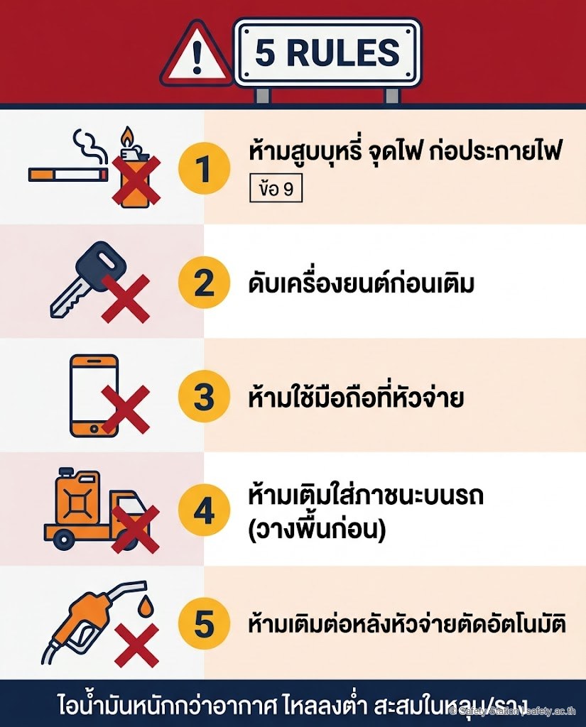 อินโฟกราฟิก 5 ห้ามทองที่ลานปั๊มน้ำมัน — 1.ห้ามสูบบุหรี่จุดไฟ (ข้อ 9), 2.ดับเครื่องยนต์ก่อนเติม, 3.ห้ามใช้มือถือที่หัวจ่าย, 4.ห้ามเติมใส่ภาชนะบนรถ, 5.ห้ามเติมต่อหลังหัวจ่ายตัดอัตโนมัติ แต่ละข้อมีไอคอน X สีแดง