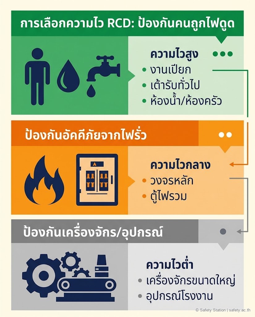 ภาพ infographic แสดง 3 ระดับความไวของ RCD ความไวสูงป้องกันคน ความไวกลางป้องกันไฟไหม้ ความไวต่ำป้องกันเครื่องจักร