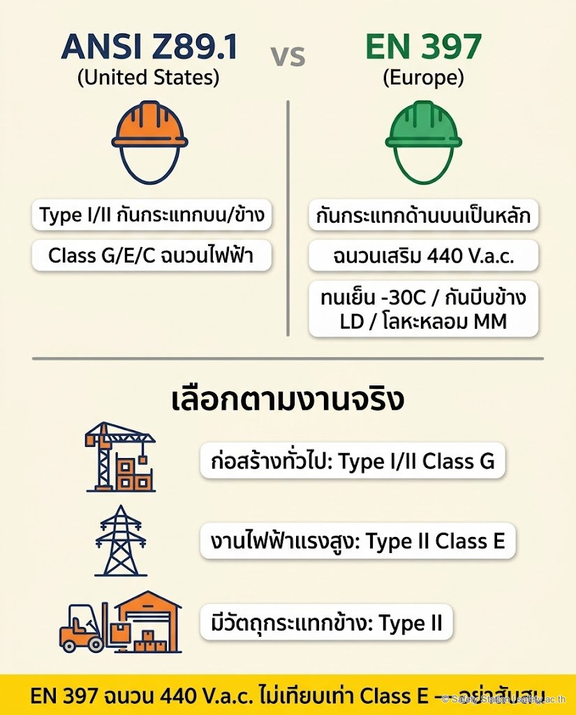 อินโฟกราฟิกเทียบหมวกนิรภัย ANSI Z89.1 สหรัฐฯ ที่มี Type I/II กันกระแทกบนและข้าง กับ Class G/E/C ฉนวนไฟฟ้า เทียบกับ EN 397 ยุโรปที่กันกระแทกด้านบนเป็นหลัก ฉนวนเสริมเพียง 440 โวลต์ พร้อมคำแนะนำเลือกตามงาน ก่อสร้างทั่วไปใช้ Class G งานไฟฟ้าแรงสูงใช้ Class E งานมีวัตถุกระแทกข้างใช้ Type II และเตือนว่า EN 397 ไม่เทียบเท่า Class E