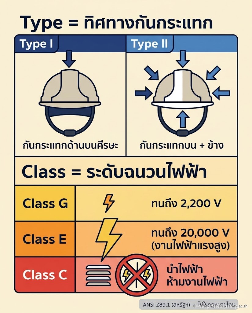 อินโฟกราฟิก 2 มิติของหมวกนิรภัย — ส่วน Type แบ่ง Type I กันกระแทกด้านบนศีรษะ กับ Type II กันกระแทกบนและด้านข้าง ส่วน Class แบ่ง Class G ทนถึง 2,200 โวลต์, Class E ทนถึง 20,000 โวลต์สำหรับงานไฟฟ้าแรงสูง, Class C นำไฟฟ้าห้ามใช้งานไฟฟ้า ระบุว่าเป็นมาตรฐาน ANSI Z89.1 สหรัฐฯ ไม่ใช่กฎหมายไทย