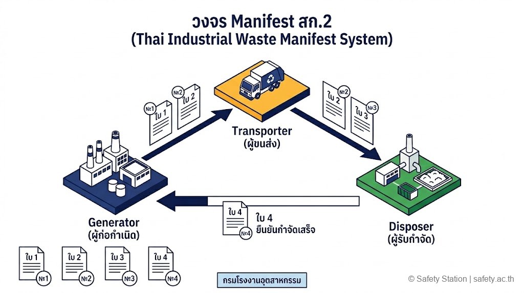 แผนภาพ isometric วงจร Manifest สก.2 ของกรมโรงงานอุตสาหกรรม 4 ใบ — Generator ส่งให้ Transporter (ใบ 1+2) → Disposer (ใบ 3) → ส่งใบ 4 กลับ Generator ยืนยันกำจัดเสร็จ