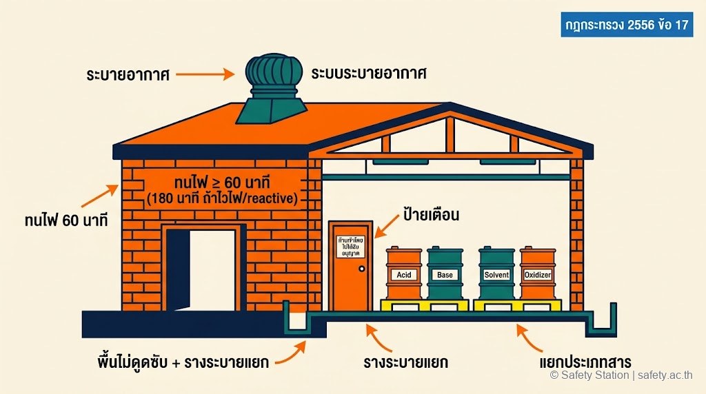 แผนภาพ flat-illustration cross-section โกดังเก็บของเสียอันตรายตามกฎกระทรวง 2556 ข้อ 17 — ผนังทนไฟ 60 นาที พื้นไม่ดูดซับ รางระบายแยก ระบบระบายอากาศ ทางเข้าออก 2 ทาง ป้ายห้ามเข้า แยกประเภทสาร