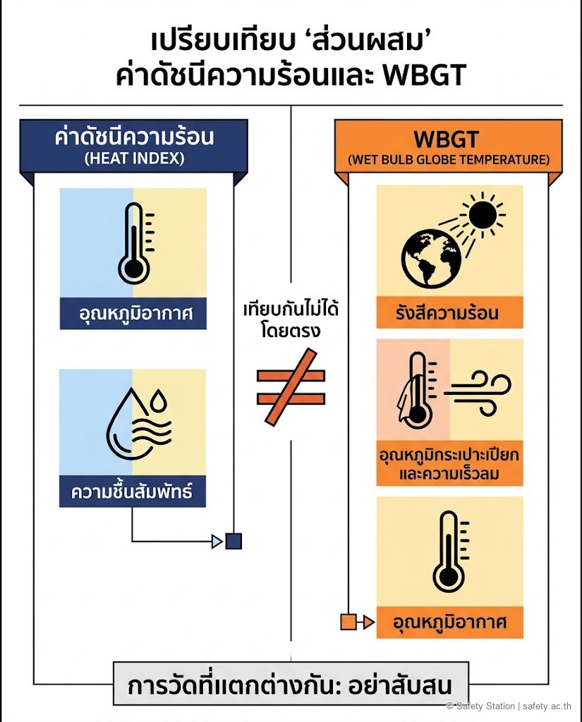 ภาพอินโฟกราฟิกสองคอลัมน์เปรียบเทียบ Heat Index ที่ใช้แค่อุณหภูมิอากาศกับความชื้น กับ WBGT ที่รวมรังสีความร้อน ลม และอากาศ พร้อมสัญลักษณ์ไม่เท่ากันตรงกลางสื่อว่าเทียบกันตรง ๆ ไม่ได้