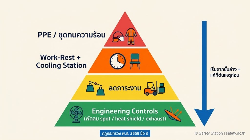 แผนภาพพีระมิด 4 ชั้นมาตรการลด WBGT ตามกฎกระทรวง 2559 ข้อ 3 — Engineering Controls, ลดภาระงาน, Work-Rest + Cooling Station, PPE เป็นลำดับสุดท้าย