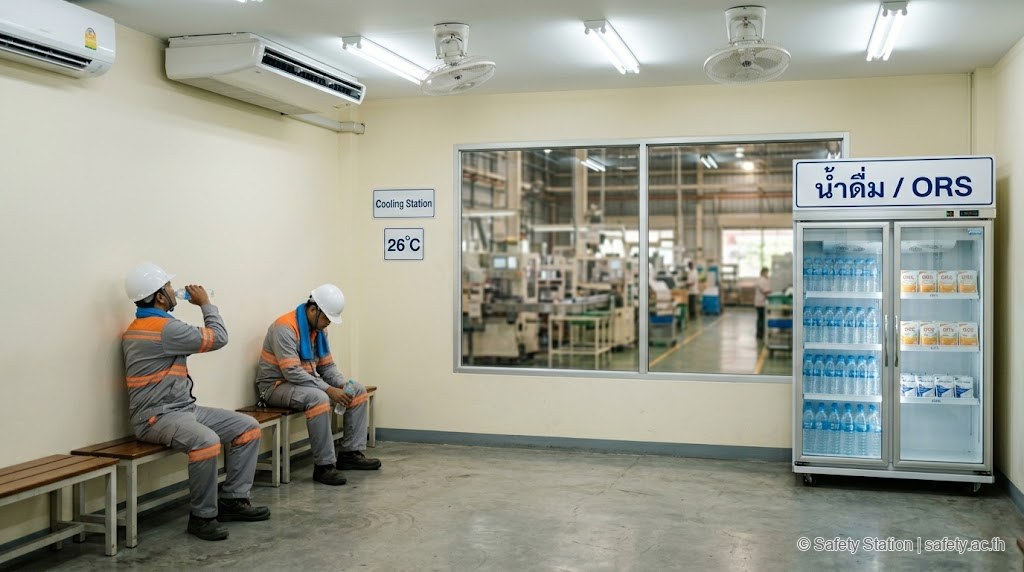 ห้อง Cooling Station ในโรงงานไทย — มี AC พัดลมเพดาน ตู้เย็นใส่น้ำดื่มและ ORS ม้านั่งให้คนงานนั่งพัก ป้ายระบุอุณหภูมิ 26 องศา ติดท้ายไลน์การผลิต