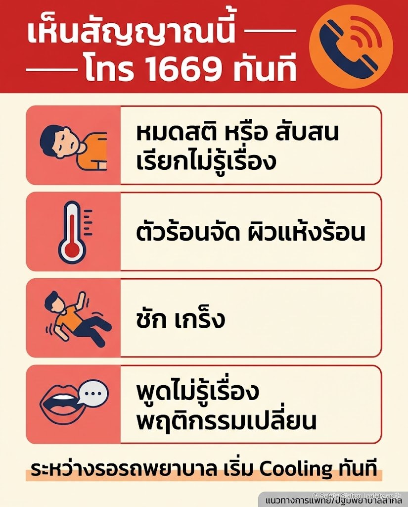 อินโฟกราฟิกแนวตั้งสัญญาณอันตรายฮีทสโตรกที่ต้องโทร 1669 ทันที — หมดสติ/สับสน ตัวร้อนจัดผิวแห้ง ชัก และพูดไม่รู้เรื่อง พร้อมเตือนให้เริ่ม cooling ระหว่างรอรถพยาบาล