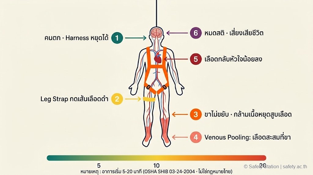 ภาพประกอบ flat-illustration กลไก Suspension Trauma 6 ขั้น — Harness หยุดได้ Leg Strap กดเส้นเลือด ขาไม่ขยับ Venous Pooling เลือดกลับหัวใจน้อย หมดสติ พร้อม timeline 5-20 นาที