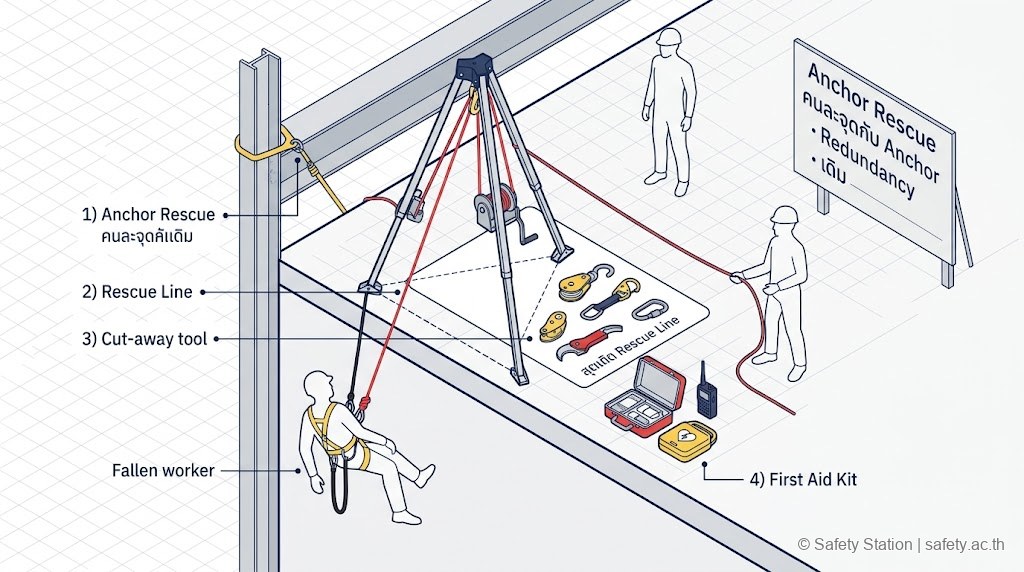 แผนภาพ isometric แสดง Rescue Setup ที่สูง — Tripod พร้อม Winch ที่ Anchor คนละจุดกับ Anchor เดิม Rescue Line เชื่อมเข้าผู้ตก พร้อม Rescue Kit (Pulley, Descender, Cut-away tool) First Aid Kit AED วิทยุ และ Standby Person + Backup